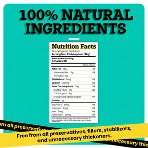 "“100% NATURAL INGREDIENTS” can be seen written on the top of the image in bold black font. Under this text, a Nutrition Facts receipt is present. At the bottom of the image, two bands black and yellow have “Free from all preservatives, fillers, stabilizers, and unnecessary thickeners. Necessary” written on them.  "