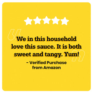 On a yellow background, 5 white stars can be seen in the center. Under the stars, “We in this household love this sauce. It is both sweet and tangy. Yum! ” is written in black double quotes in bold black font. “- Verified Purchase from Amazon” is also written in black outside the quotes. An illustration of two big white quotes can also be seen.